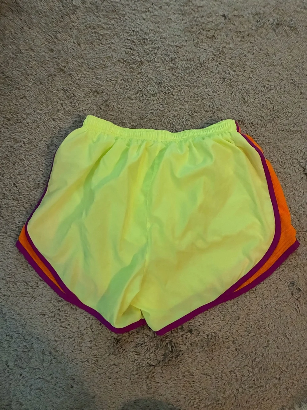 Nike Neon Yellow Athletic Shorts with Orange Panels & Purple Trim
